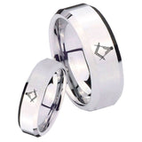 His and Hers Masonic Beveled Edges Silver Tungsten Mens Promise Ring Set