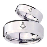 His and Hers Masonic Beveled Edges Silver Tungsten Mens Promise Ring Set