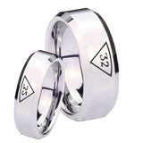 His and Hers Masonic 32 Triangle Freemason Beveled Edges Silver Tungsten Men's Wedding Band Set