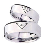 His and Hers Masonic 32 Triangle Freemason Beveled Edges Silver Tungsten Men's Wedding Band Set