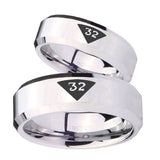 His and Hers Masonic 32 Triangle Design Freemason Beveled Edges Silver Tungsten Men's Wedding Band Set