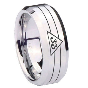 10mm Masonic 32 Duo Line Freemason Beveled Edges Silver Tungsten Carbide Rings for Men