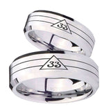 His and Hers Masonic 32 Duo Line Freemason Beveled Edges Silver Tungsten Men's Wedding Band Set