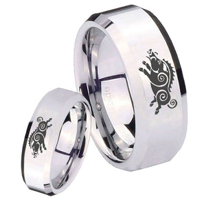 His Hers Wild Boar Beveled Edges Silver Tungsten Men's Ring Set