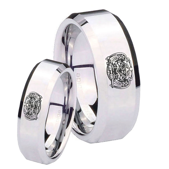 His and Hers Masonic 32 Degree Freemason Beveled Edges Silver Tungsten Men's Wedding Band Set