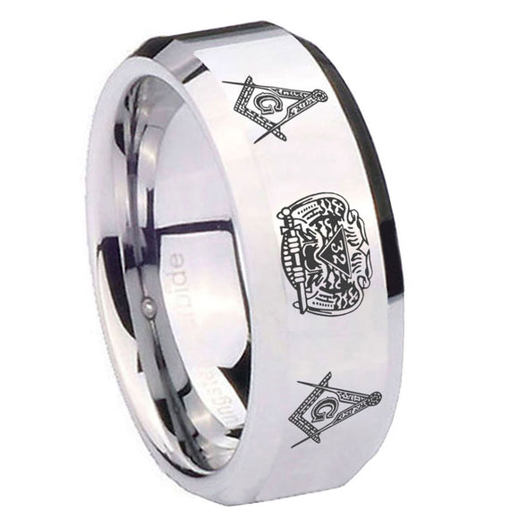 10mm Masonic 32 Design Beveled Edges Silver Tungsten Carbide Mens Ring