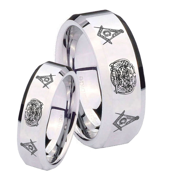 His Hers Masonic 32 Design Beveled Edges Silver Tungsten Mens Engagement Band Set