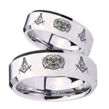 His Hers Masonic 32 Design Beveled Edges Silver Tungsten Mens Engagement Band Set