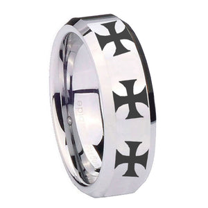 10mm Multiple Maltese Cross Beveled Edges Silver Tungsten Mens Wedding Band