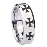 10mm Multiple Maltese Cross Beveled Edges Silver Tungsten Mens Wedding Band