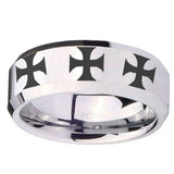 10mm Multiple Maltese Cross Beveled Edges Silver Tungsten Mens Wedding Band