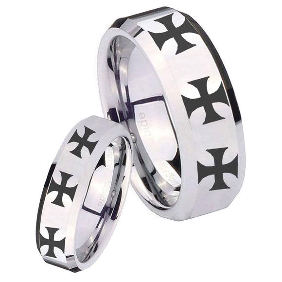 His Hers Multiple Maltese Cross Beveled Silver Tungsten Men's Promise Rings Set