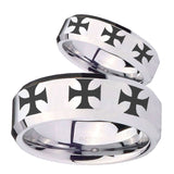 His Hers Multiple Maltese Cross Beveled Silver Tungsten Men's Promise Rings Set