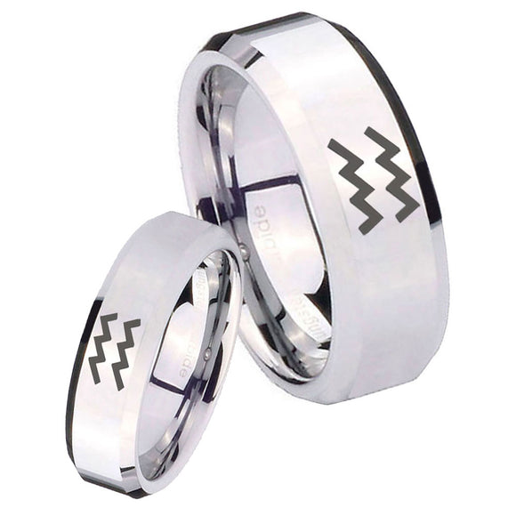 His Hers Aquarius Horoscope Beveled Edges Silver Tungsten Personalized Ring Set