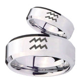 His Hers Aquarius Horoscope Beveled Edges Silver Tungsten Personalized Ring Set