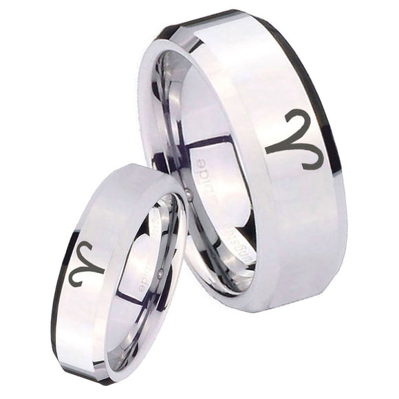 His and Hers Aries Zodiac Beveled Edges Silver Tungsten Promise Ring Set