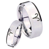 His and Hers Aries Zodiac Beveled Edges Silver Tungsten Promise Ring Set