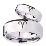 His and Hers Aries Zodiac Beveled Edges Silver Tungsten Promise Ring Set