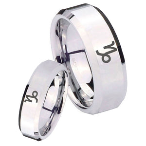 His Hers Capricorn Zodiac Beveled Edges Silver Tungsten Wedding Band Mens Set