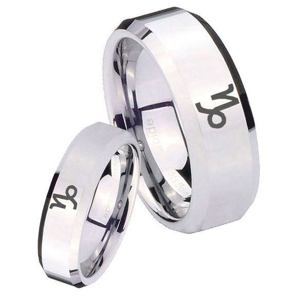 His Hers Capricorn Zodiac Beveled Edges Silver Tungsten Wedding Band Mens Set