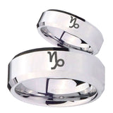 His Hers Capricorn Zodiac Beveled Edges Silver Tungsten Wedding Band Mens Set