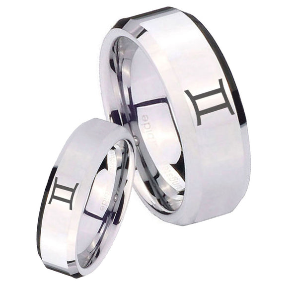 His Hers Gemini Zodiac Beveled Edges Silver Tungsten Wedding Band Ring Set