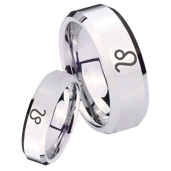 His Hers Leo Zodiac Beveled Edges Silver Tungsten Wedding Bands Ring Set