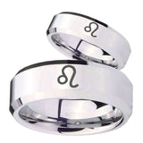 His Hers Leo Zodiac Beveled Edges Silver Tungsten Wedding Bands Ring Set