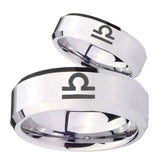 His Hers Libra Horoscope Beveled Edges Silver Tungsten Wedding Ring Set