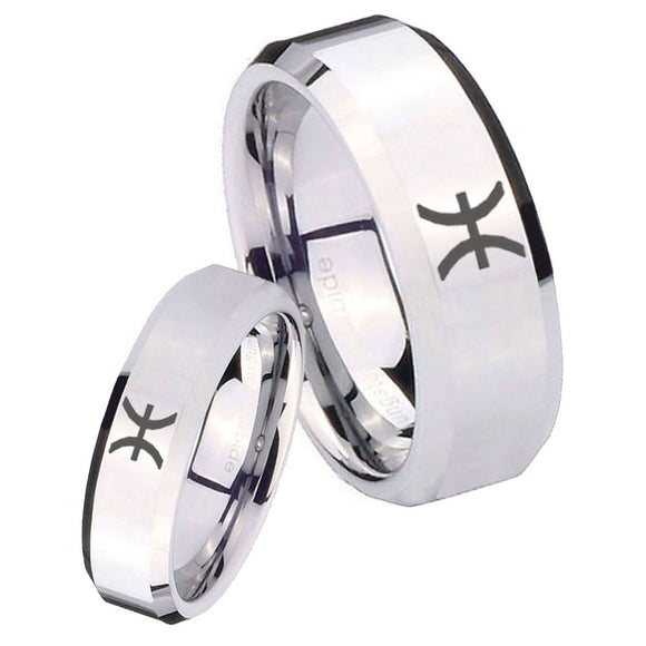 His Hers Pisces Zodiac Beveled Edges Silver Tungsten Wedding Engraving Ring Set