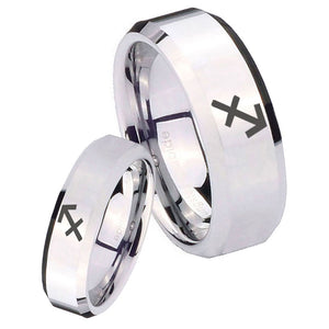 His Hers Sagittarius Zodiac Beveled Edges Silver Tungsten Anniversary Ring Set