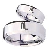 His and Hers Scorpio Horoscope Beveled Edges Silver Tungsten Bands Ring Set