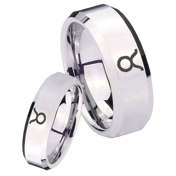 His Hers Taurus Horoscope Beveled Edges Silver Tungsten Custom Mens Ring Set