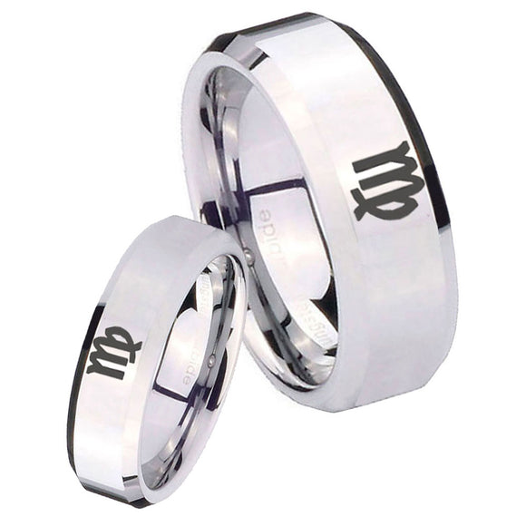 His Hers Virgo Zodiac Beveled Edges Silver Tungsten Custom Ring for Men Set