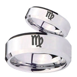 His Hers Virgo Zodiac Beveled Edges Silver Tungsten Custom Ring for Men Set
