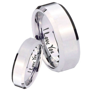 His Hers I Love You Beveled Edges Silver Tungsten Mens Anniversary Ring Set