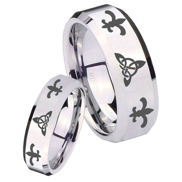His Hers Celtic Triangle Fleur De Lis Beveled Silver Tungsten Mens Ring Set