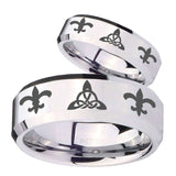 His Hers Celtic Triangle Fleur De Lis Beveled Silver Tungsten Mens Ring Set