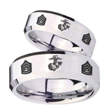 His and Hers Marine Army Sergeant Beveled Edges Silver Tungsten Promise Ring Set