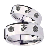 His Hers Marine Chief Master Sergeant  Beveled Edges Silver Tungsten Custom Mens Ring Set