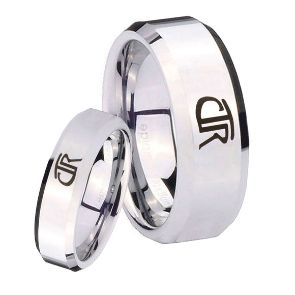 His and Hers CTR Beveled Edges Silver Tungsten Mens Engagement Band Set