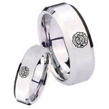 His Hers Fire Department Beveled Edges Silver Tungsten Rings for Men Set