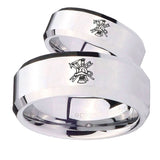 His Hers Fireman Beveled Edges Silver Tungsten Mens Engagement Band Set