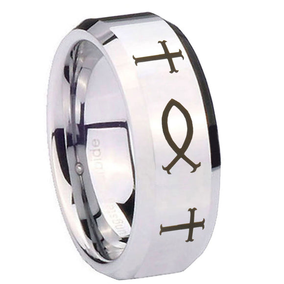 10mm Fish & Cross Beveled Edges Silver Tungsten Carbide Mens Engagement Band