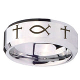10mm Fish & Cross Beveled Edges Silver Tungsten Carbide Mens Engagement Band