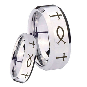 His and Hers Fish & Cross Beveled Edges Silver Tungsten Engraved Ring Set
