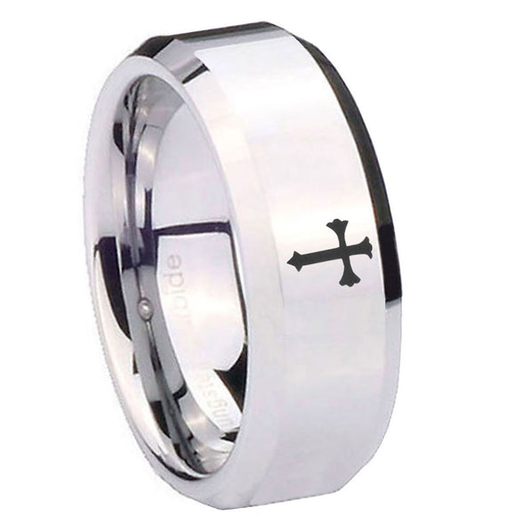 10mm Flat Christian Cross Beveled Edges Silver Tungsten Men's Engagement Band