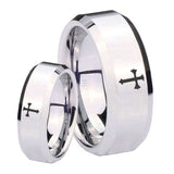 His Hers Flat Christian Cross Beveled Silver Tungsten Mens Anniversary Ring Set