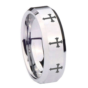 10mm Multiple Christian Cross Beveled Edges Silver Tungsten Men's Wedding Band