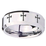 10mm Multiple Christian Cross Beveled Edges Silver Tungsten Men's Wedding Band